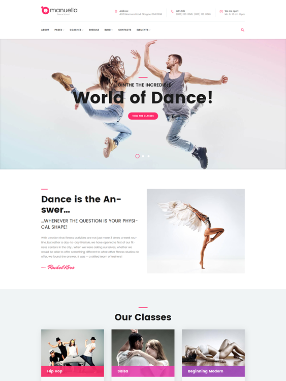 emanuella WordPress theme for dance schools, classes, and studios