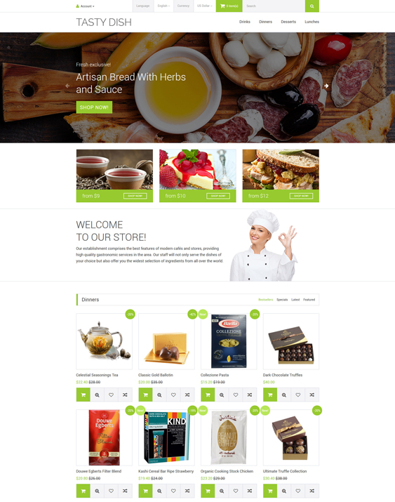 Tasty Dish food drink restaurant opencart themes Template